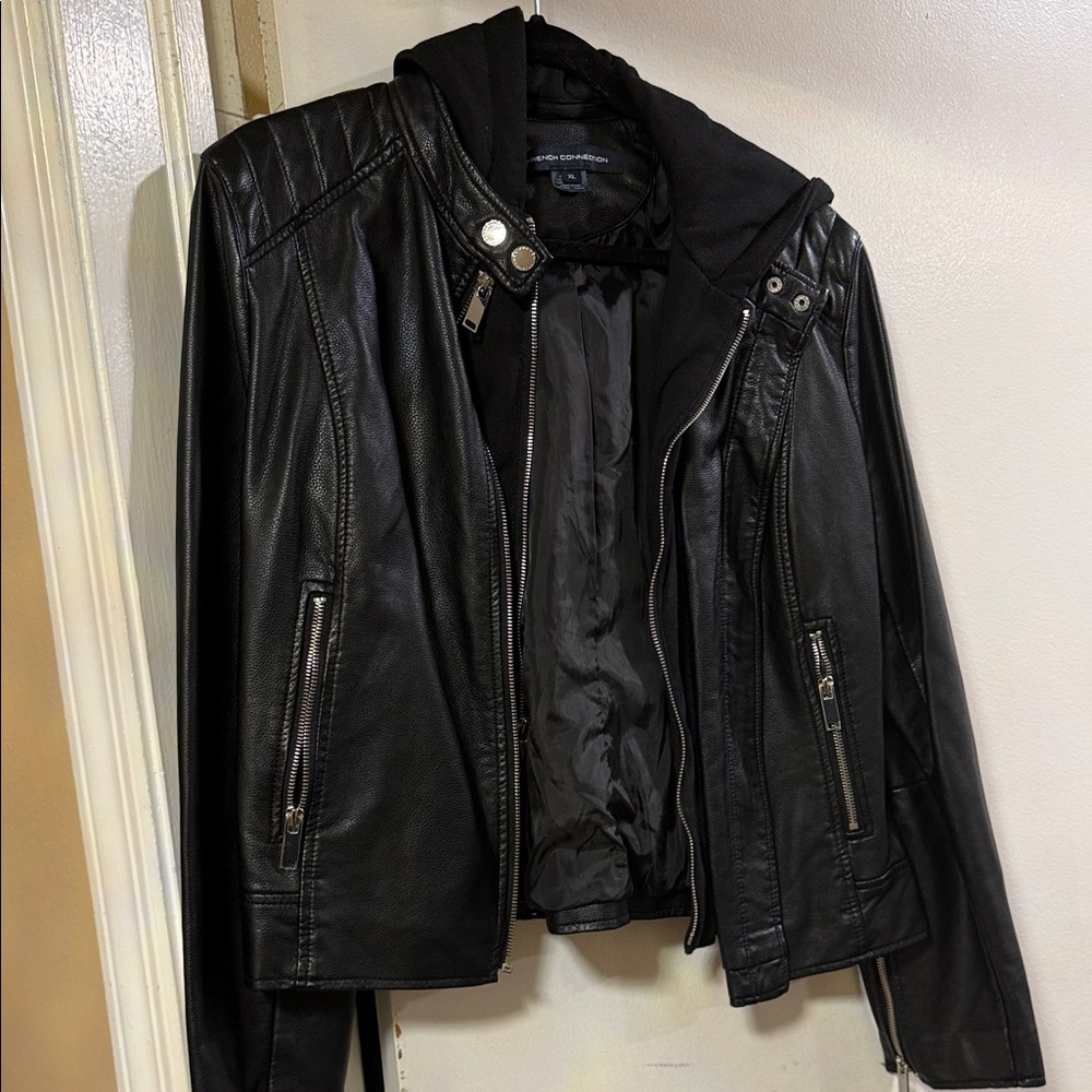French Connection Black Leather Jacket with Hoodie